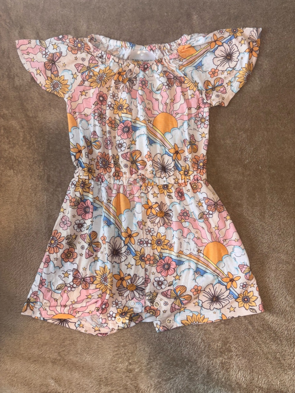 Posh Peanut White Floral Rainbow Romper with Pink and Orange Accents